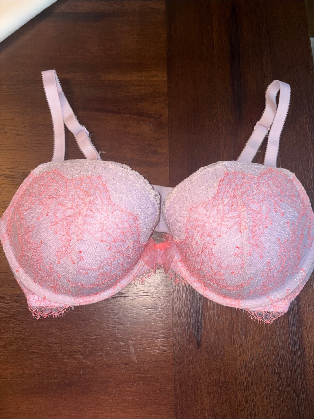Victoria's Secret Light Pink Lace Push-Up Bra with Coral Embroidery